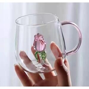 NET Creative Rose 3D Glass Mug Coffee Milk Tea Water Cute Love Gift Hot &‎ Cold